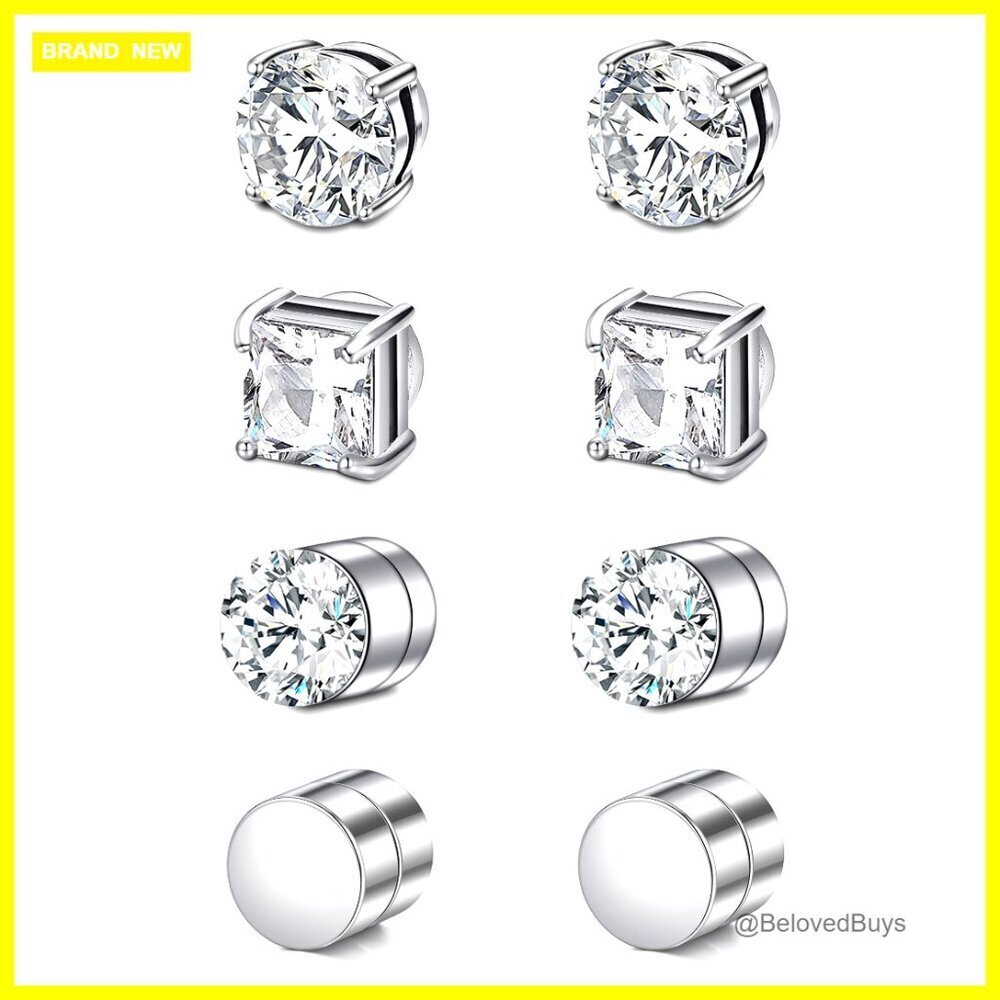 Stainless Steel Magnetic Stud Earrings, Non-Piercing Design, 4 Pairs - Picture 1 of 6